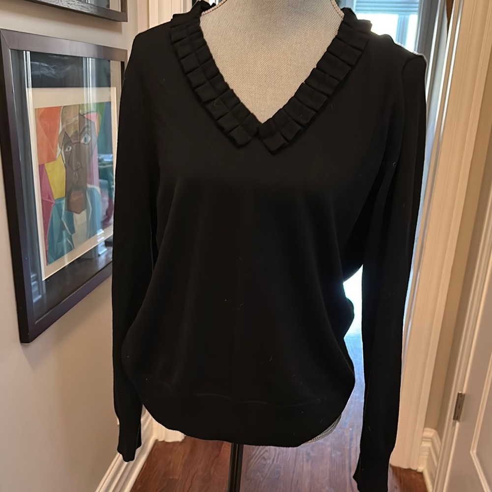 Brooks Brothers 100% Marino Wool Classic Black V-Neck Sweater Ruffle Detail New